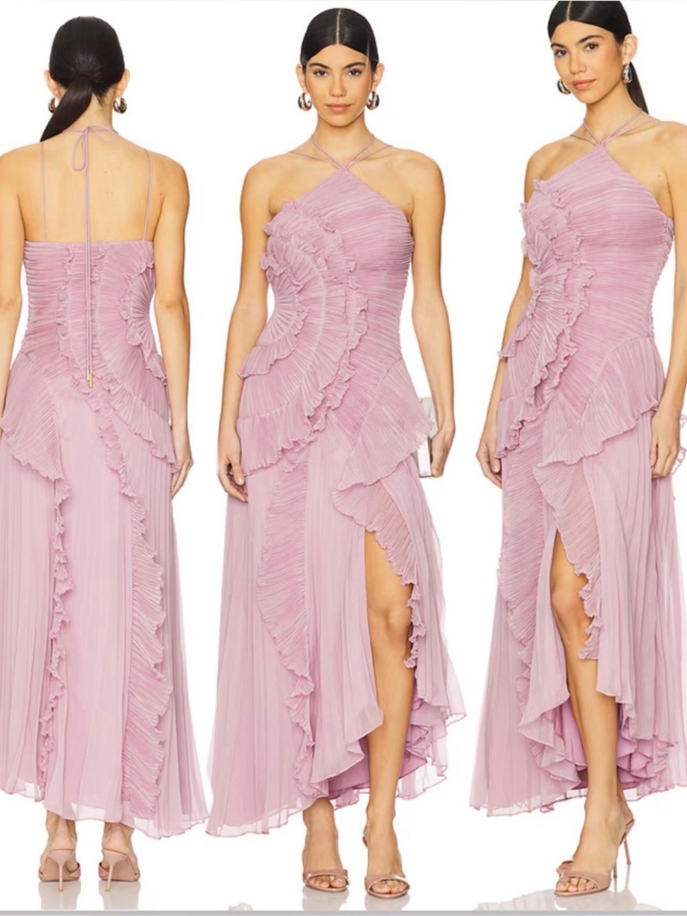 AMUR Lorelie Halter Revolve Pleated Ruffle Halter Maxi Dress in Dusty Pink sz 8